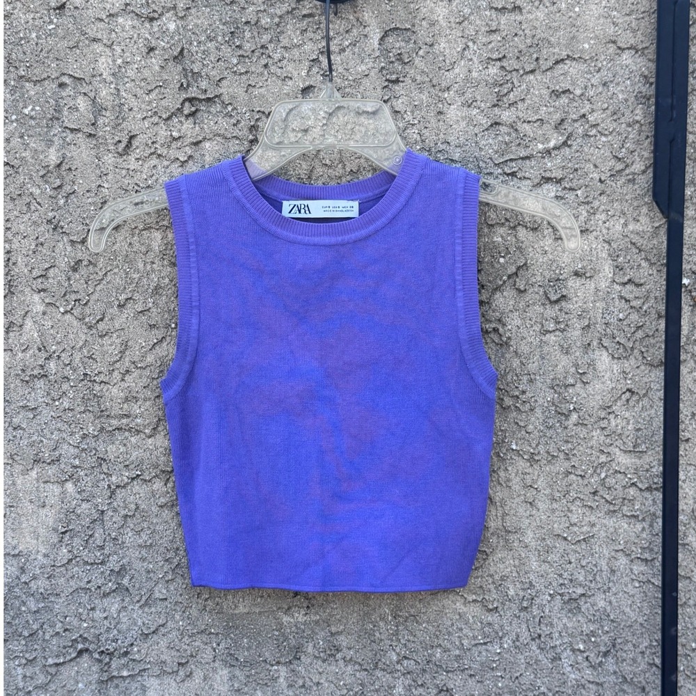 Zara Knit Tank Top Women Size S Purple Sleeveless Crew Neck Cropped Ribbed Trim